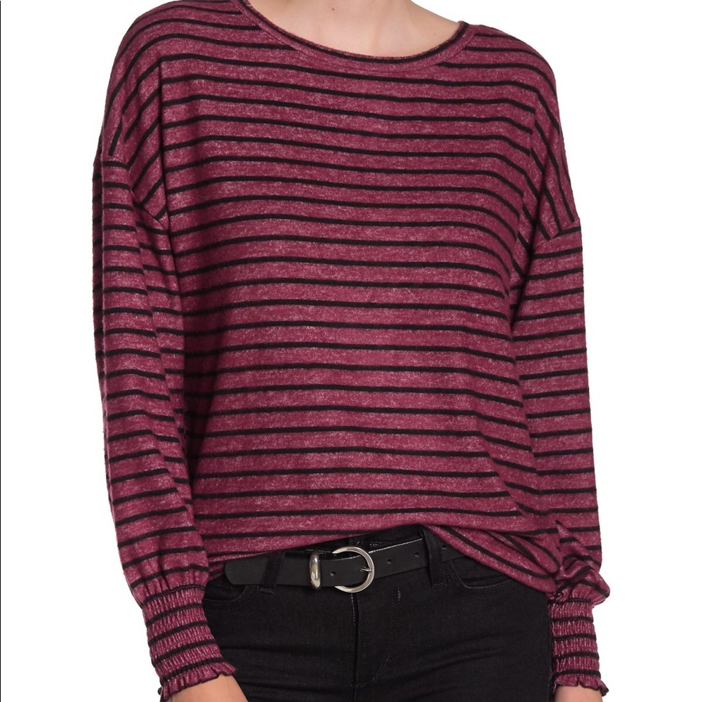 Stripe Cloud Jersey Smocked Cuff Pullover